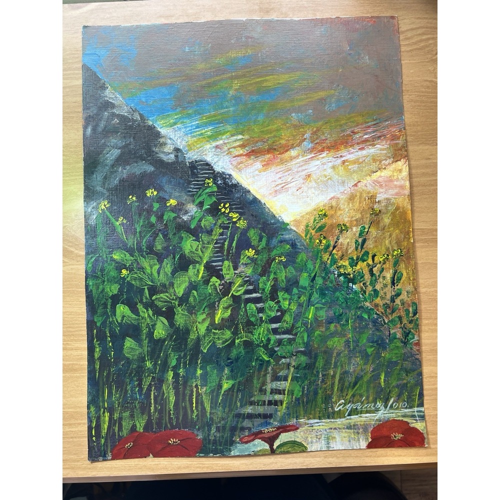 Oil Print On Paper Original  Steps Going Up Mountain Flowers Sky Signed 12"x16"‎